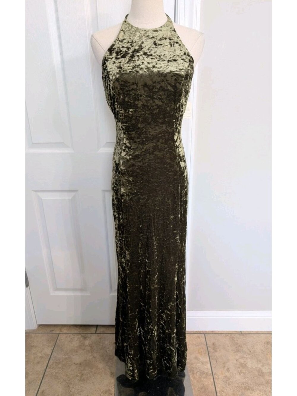Vintage Y2K Crushed Velvet Backless Olive Moss Green Maxi Dress Gown Sz 6 Fairy